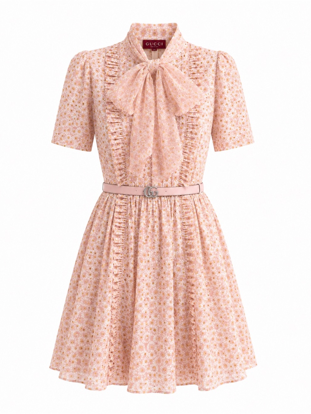 Gucci Blush Pink Floral Bow-Neck Mini Dress